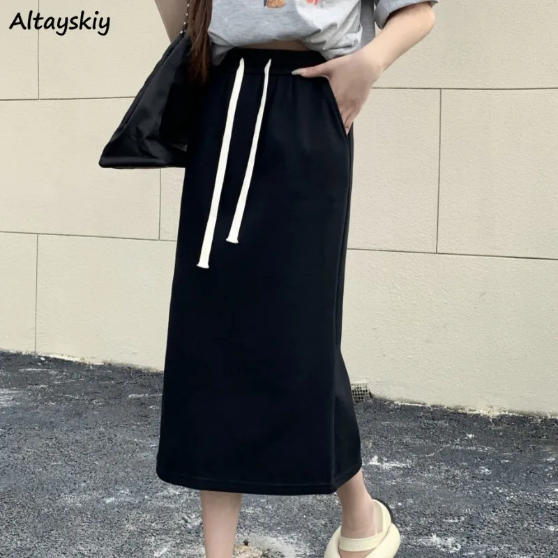 

Skirts for Women A-line Loose Korean Style Elastic Waist Casual Spring Autumn Ins Solid Streetwear Elegant Mid-calf Young Girls