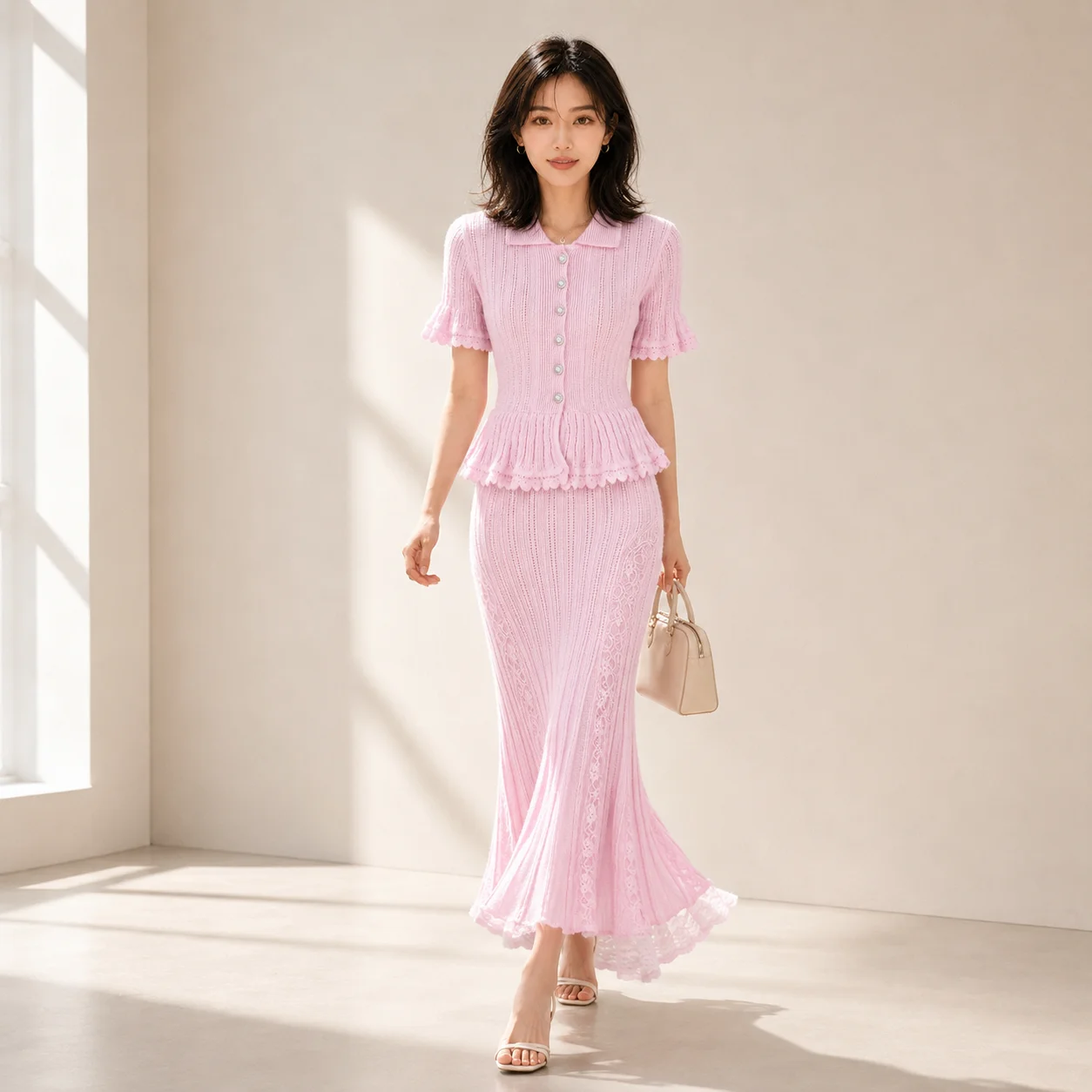 Women's Summer Lace-Trimmed Short-Sleeved Knit Dress Y2K Casual Fishtail Long Skirt Two-Piece Set High-Quality Fashion