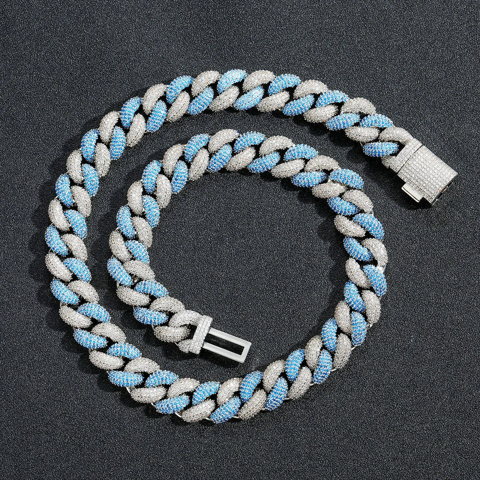 

14mm Bubble Cuban Chain Blue and White Zircon Personalized Fashion Creative Men's Hip Hop Necklace