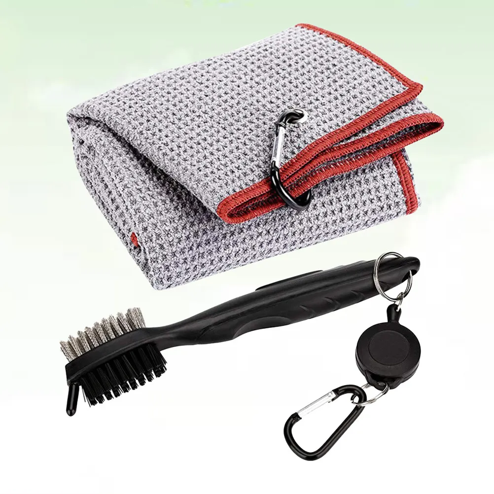 Club Cleaning Accessory Towel and Double Sided Retractable Brush Kit Cotton Cloth Carabiner Clip for Golfers Towel and Brus Kit