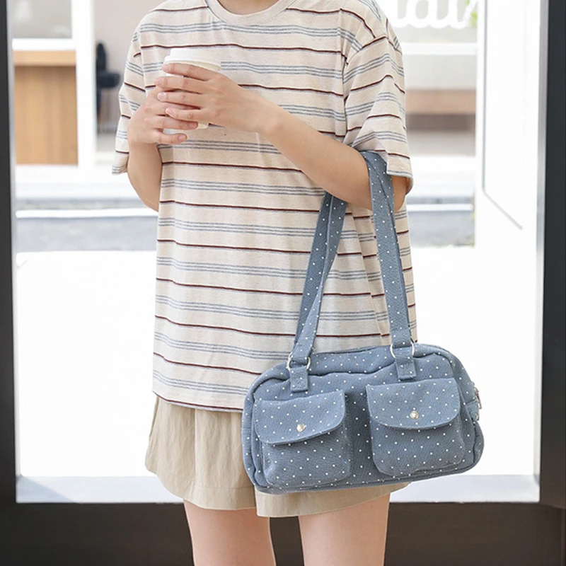 Mehrfach-Taschen-Schultertasche mit Polka Dots, Damen-Canvas-Tragetasche, Koreanische Lässige Süße Niedliche Pendler-Einkaufs-Reisetasche – Detail 14