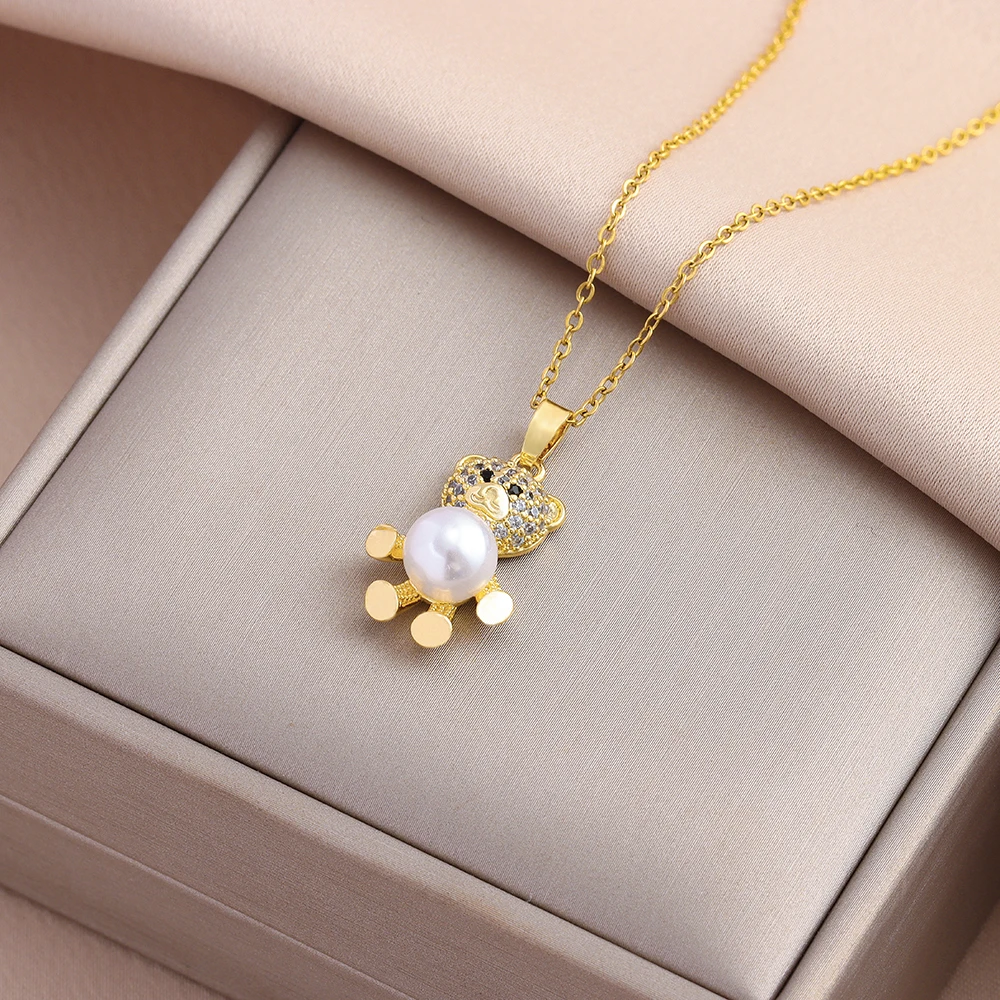 New Lovely Bear Pendant Stainless Steel Necklaces For Women Sweet Cute Female Daily Wear Clavicle Chain Jewelry Girl Party Gift