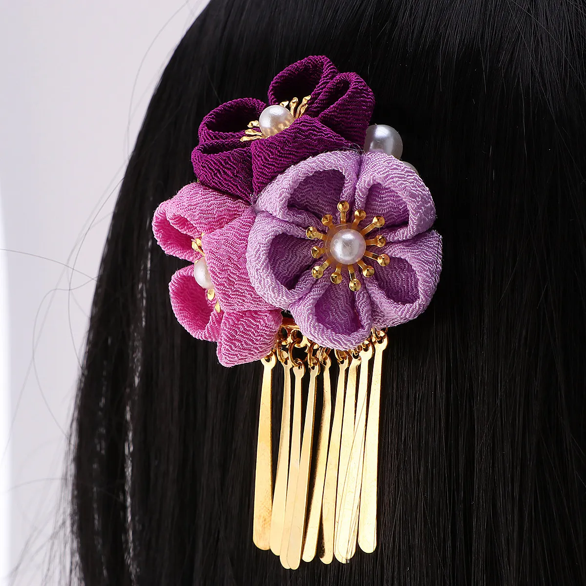 

Заколки для волос в японском стиле: розовые и фиолетовые, из мягкой ткани, с цветами и кисточками, для традиционной одежды Ханьфу и кимоно