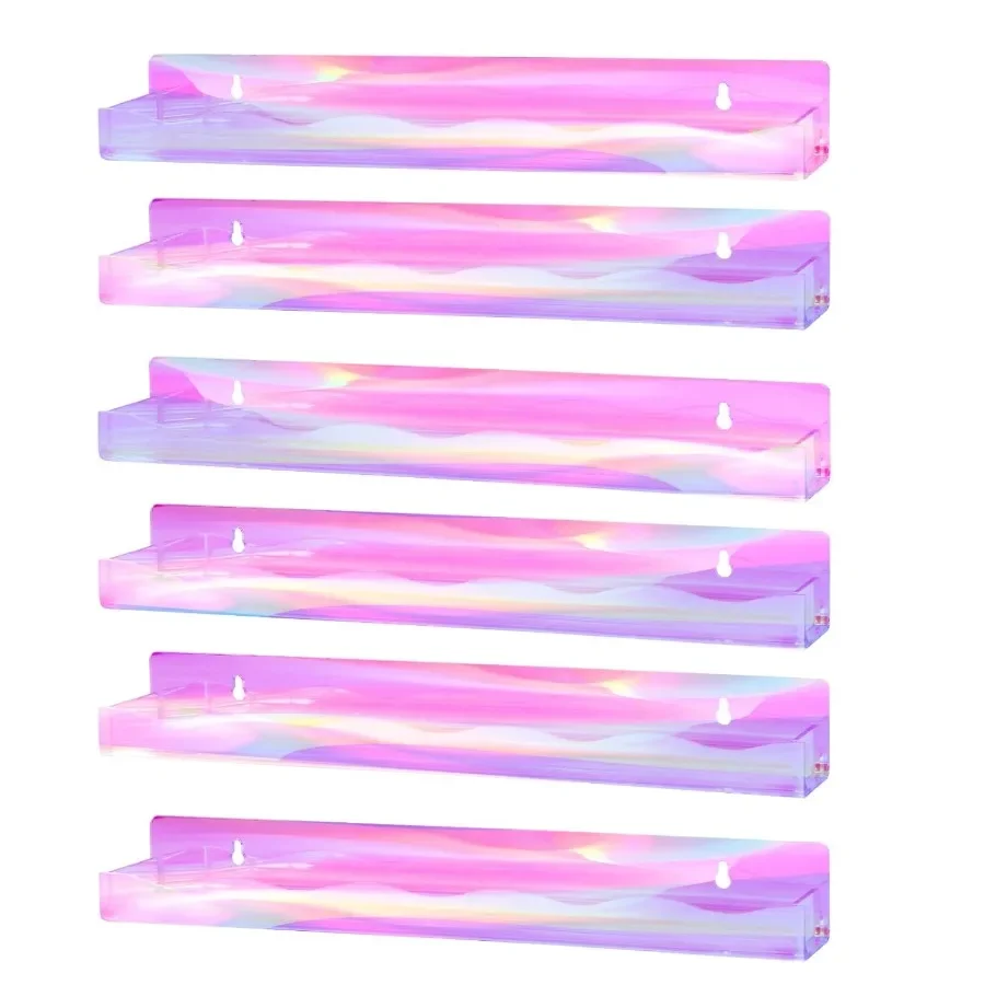 

6 Packs Iridescent Nail Polish Wall Mounted Organizer with 15 Rainbow Floating Shelves for Acrylic Nail Polish Paint Tattoo Ink