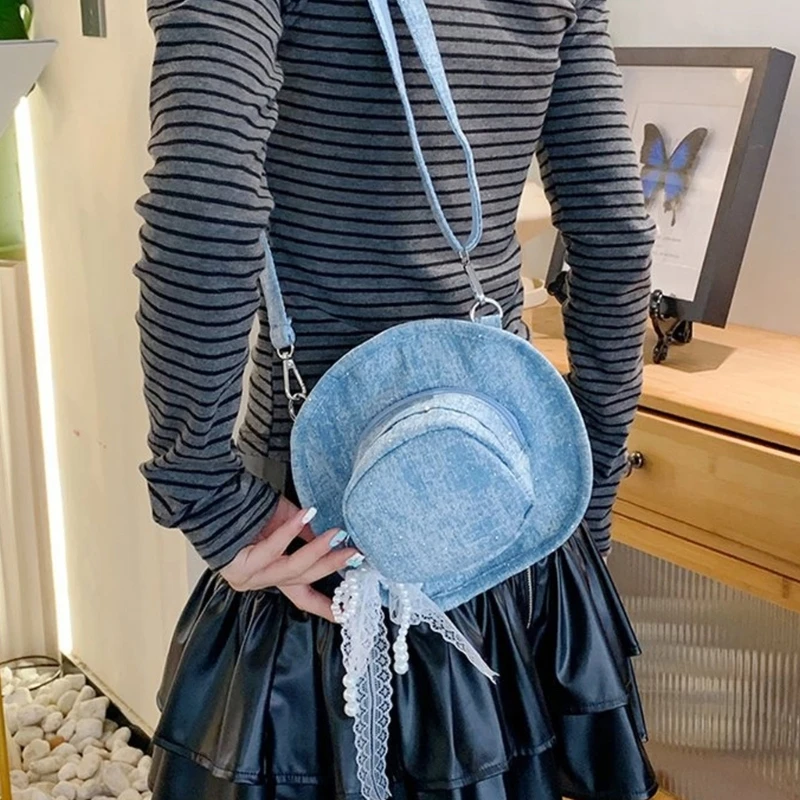 

H3CB Trendy Korean Inspired Jeans Caps Shaped Shoulder Bag with Adjustable Strap