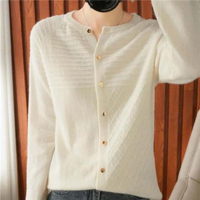 Spring New Symmetrical Strip Hole Round Neck Sweater Women Short Jacket Wool Knitted Long Sleeve Base Cardigan