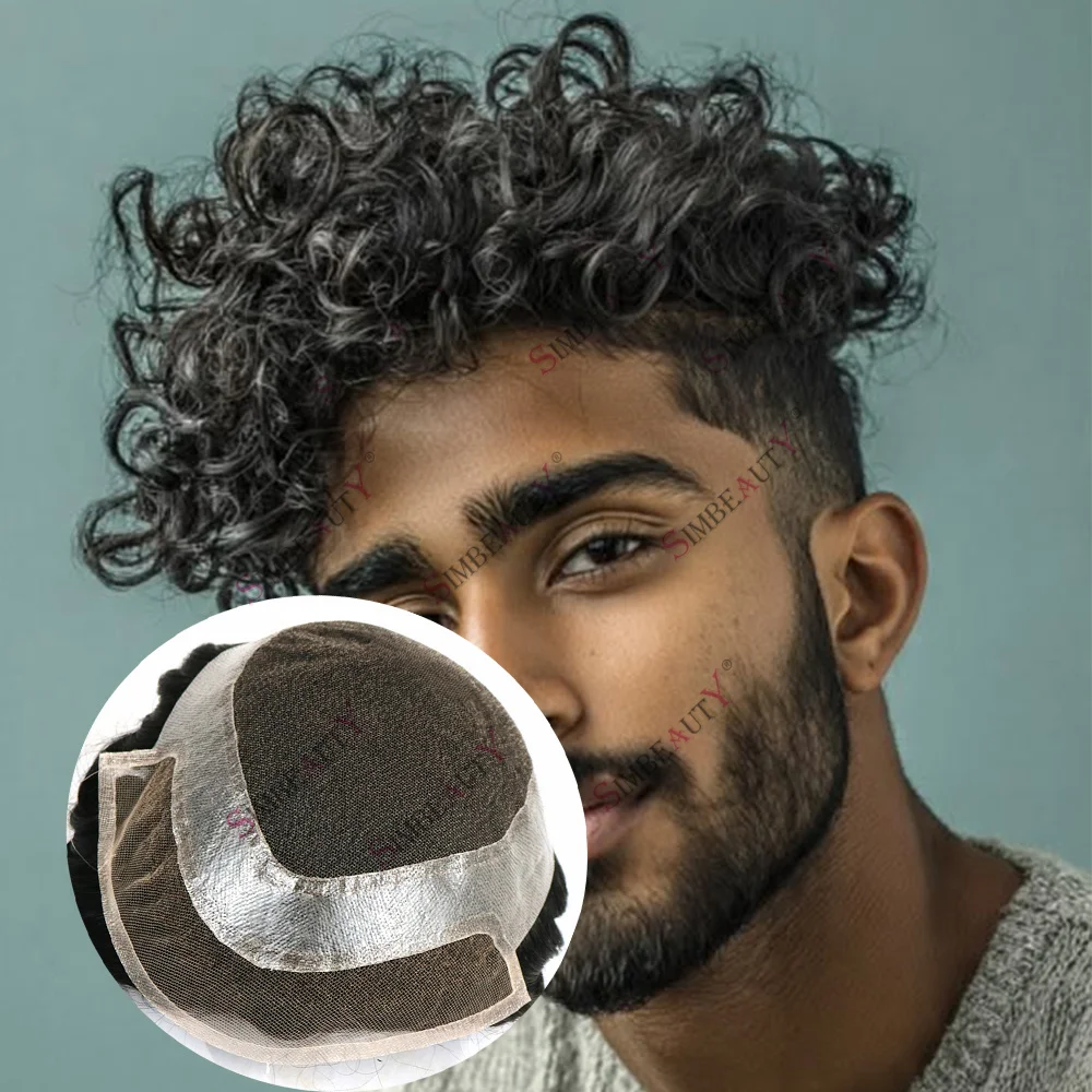 20MM Curly New Men Toupee Swiss Lace Front Grey Black European Human Hair System Undetectable HD Lace&PU Male Hair Prosthesis