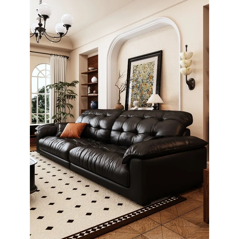 Wind black sofa leather sofa straight row light luxury high-end living room brown sugar sofa new furniture