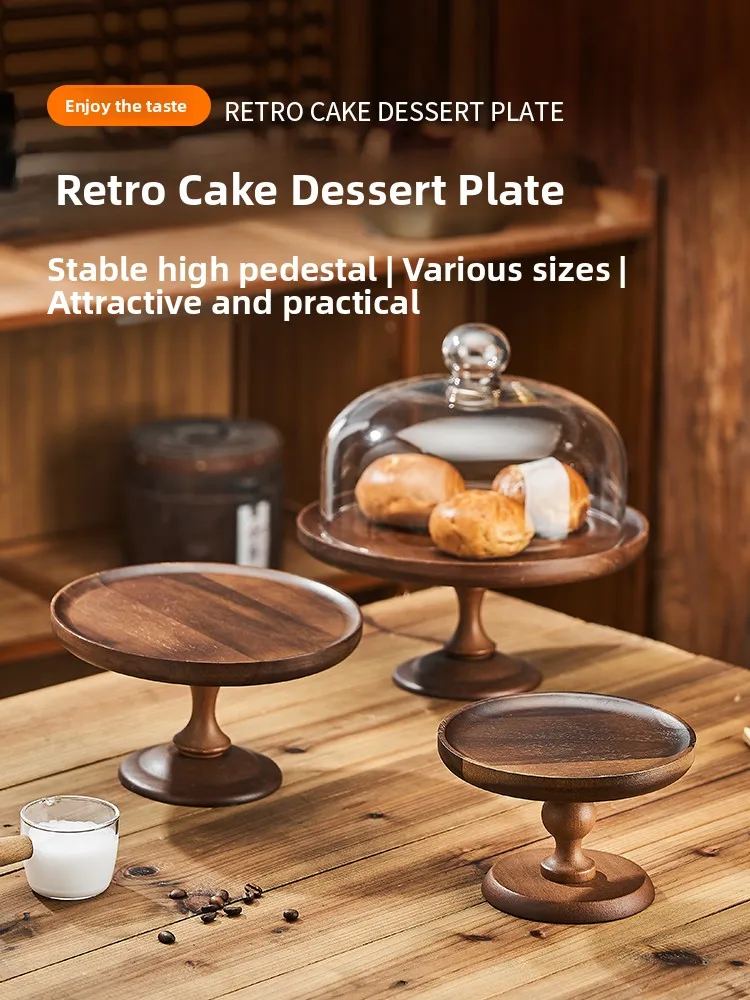 

Деревянная тарелка для торта с высокими ножками в стиле ретро, стеклянная крышка с фруктами, дисплей, тарелка для чая, скандинавская тарелка ручной работы, универсальное использование