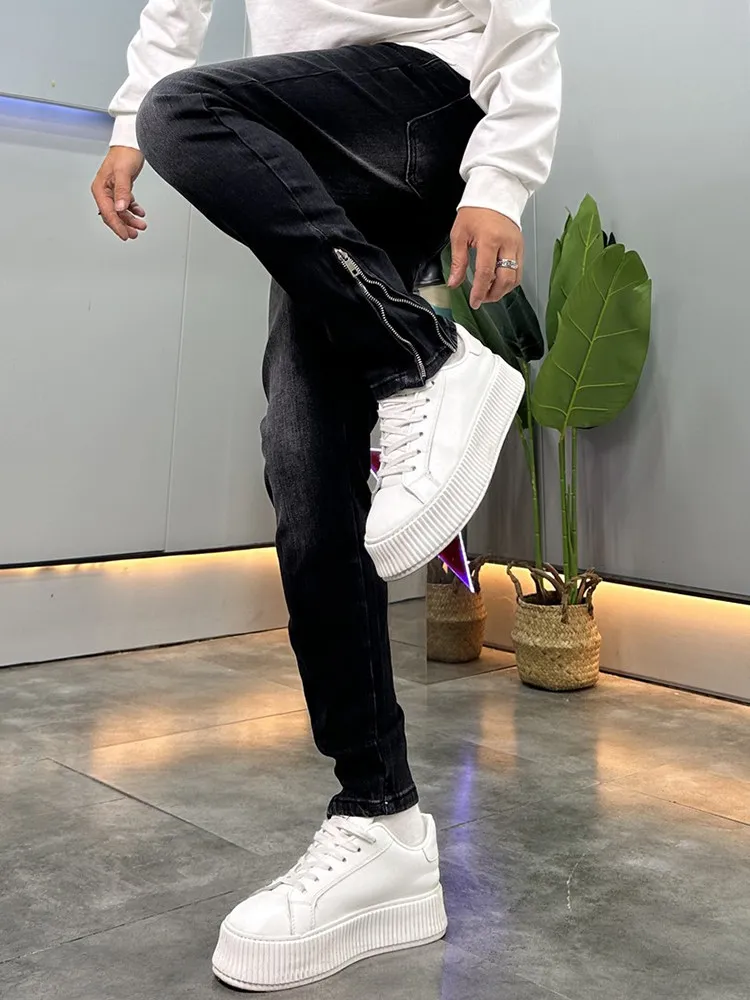 

American Style Slim Fit Men's Jeans Black Grey Zipper Design Fashionable Personality Spring Autumn Wear Resistant Deformation