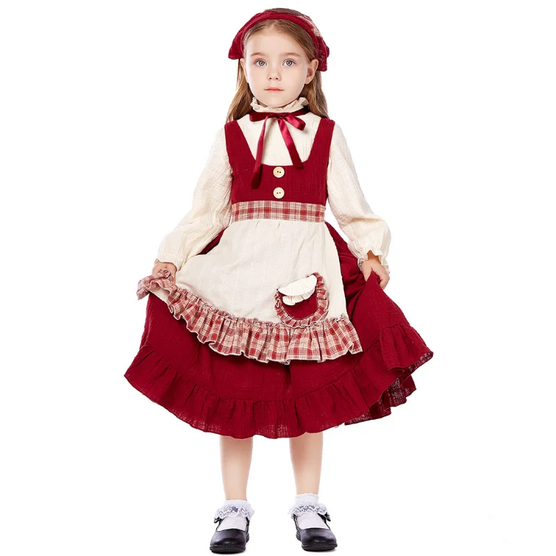 

Halloween Stage Fantasia Red Gingham Trim Dress Kids Child Vintage Victorian Prairie Girl Costume Pastoral Farm Cosplay Costume