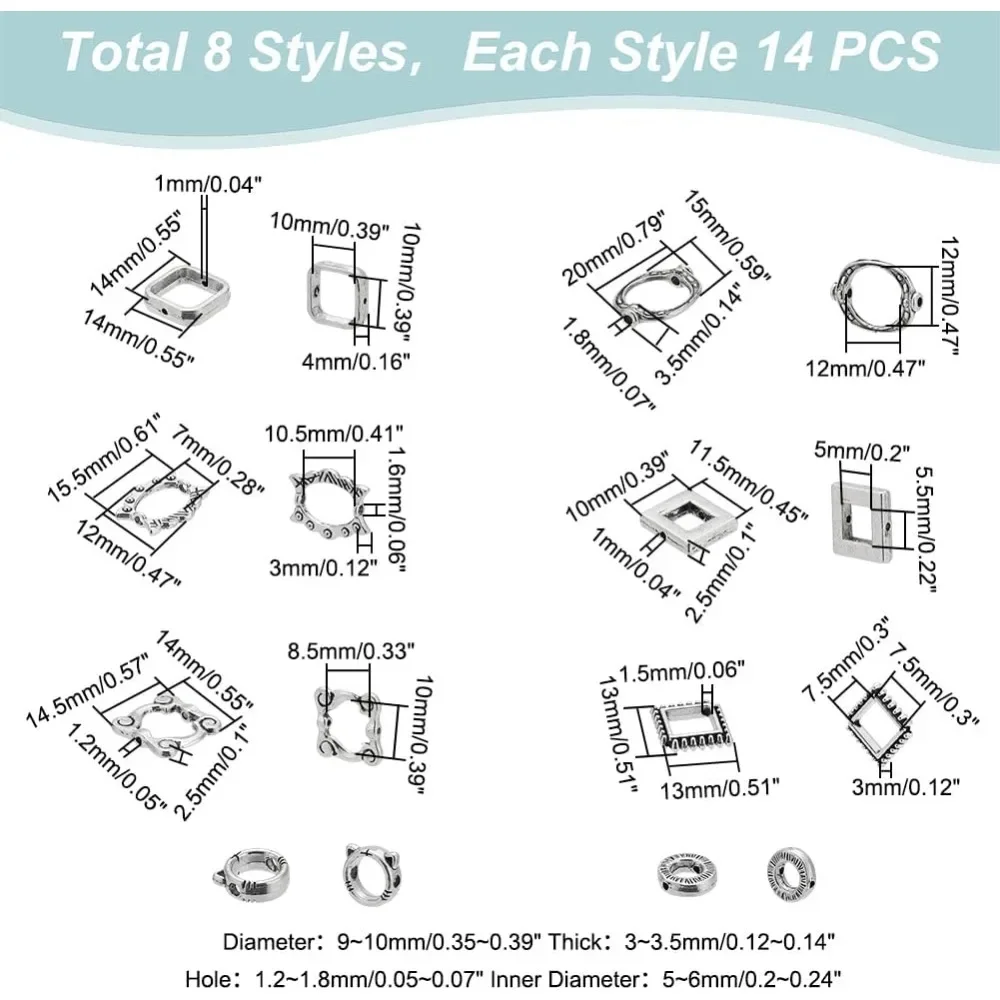 112pcs 8 Styles Bead Frames Double Hole Frame Spacer Beads Square/Oval/Round Bead Hugger Frame Connectors for DIY Earring