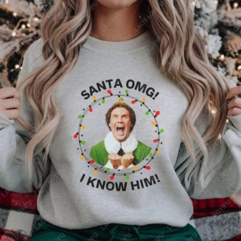 

Holiday Christmas Lights Circle Pullover SANTA OMG! I KNOW HIM! Vintage Style Funny Christmas Graphic Holiday Elf Fashion Hoodie