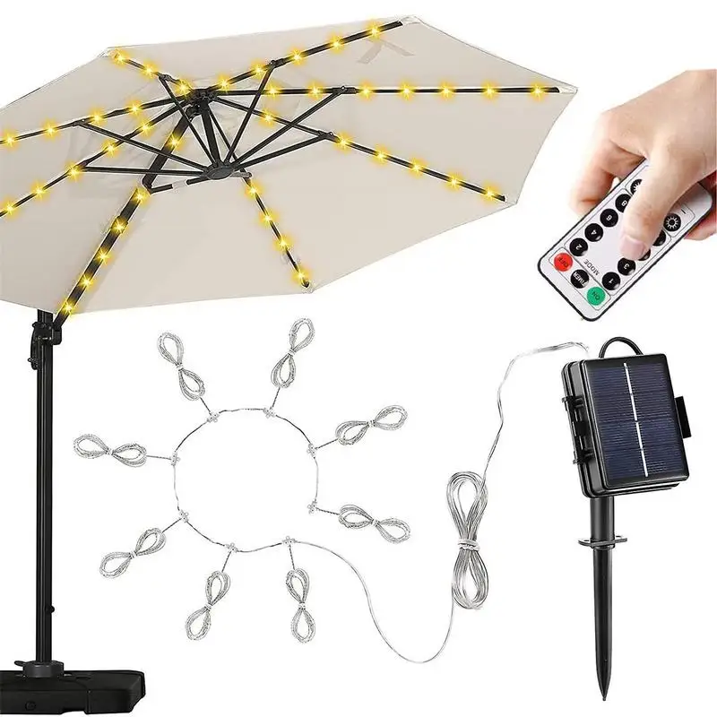 

Solar LED Lighted Patio Umbrella Water Resistant Solar Umbrella With 8 Light Modes Outdoor Decors Suitable For Courtyard Beach