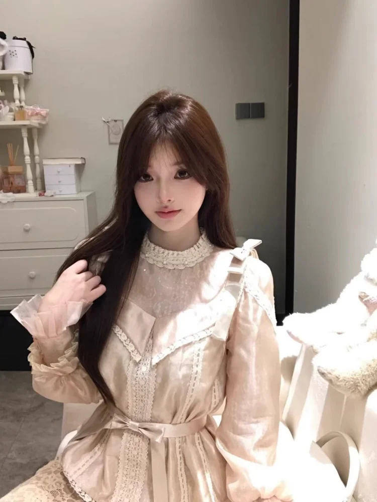 

Ele Lady Long Sve Lace Knot Splice irt Women's Medieval iny Lace Water Gauze Top Sweet Sle Princ Fit