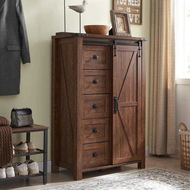 5 Drawers Dresser for Bedroom w/Sliding Barn Door, Farmhouse Modern Tall Dresser 5 Chest of Drawers, Storage Organizer