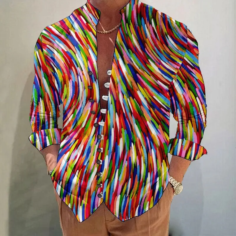 Casual Men Linen Shirts New Print Button Shirt Fashion Stand Up Collar Loose Men's Shirts Streetwear Casual Beach