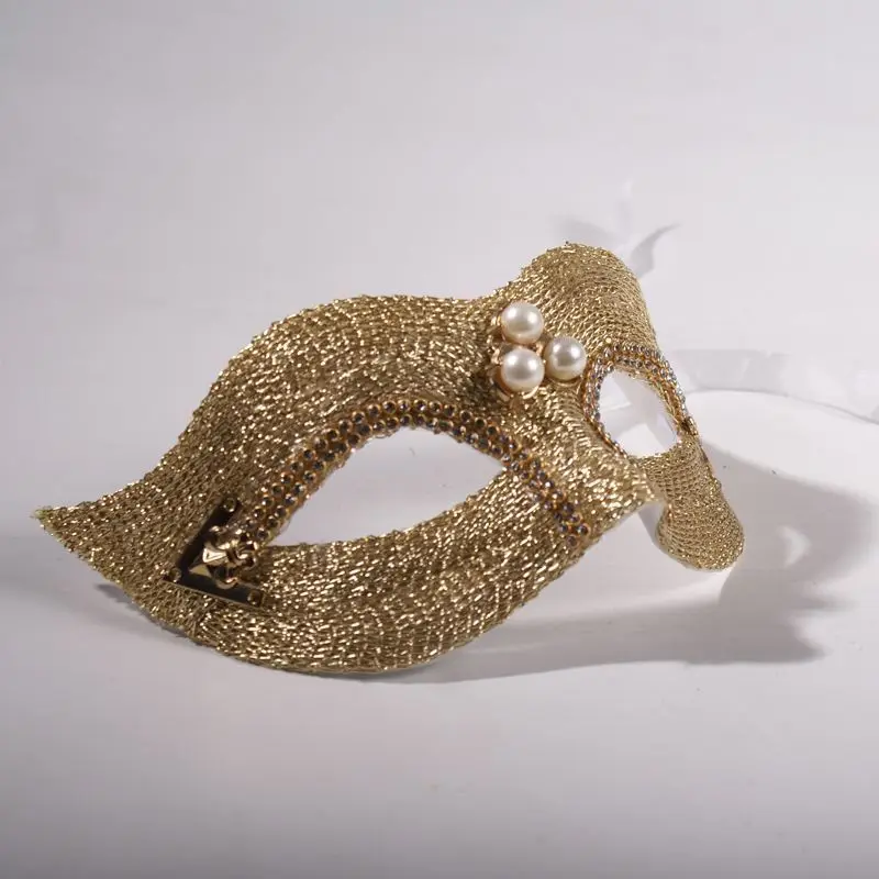 Gold Half Face Masquerade Mask with Pearl Rhinestone, Venetian Style for Halloween Party Ball, Wedding Cosplay for Adults & Kids 3