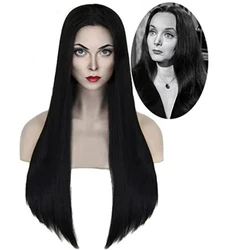 Addams-peruca cosplay preta sintética para mulher, cabelo sintético longo e liso, madre mortícia, para festa de halloween