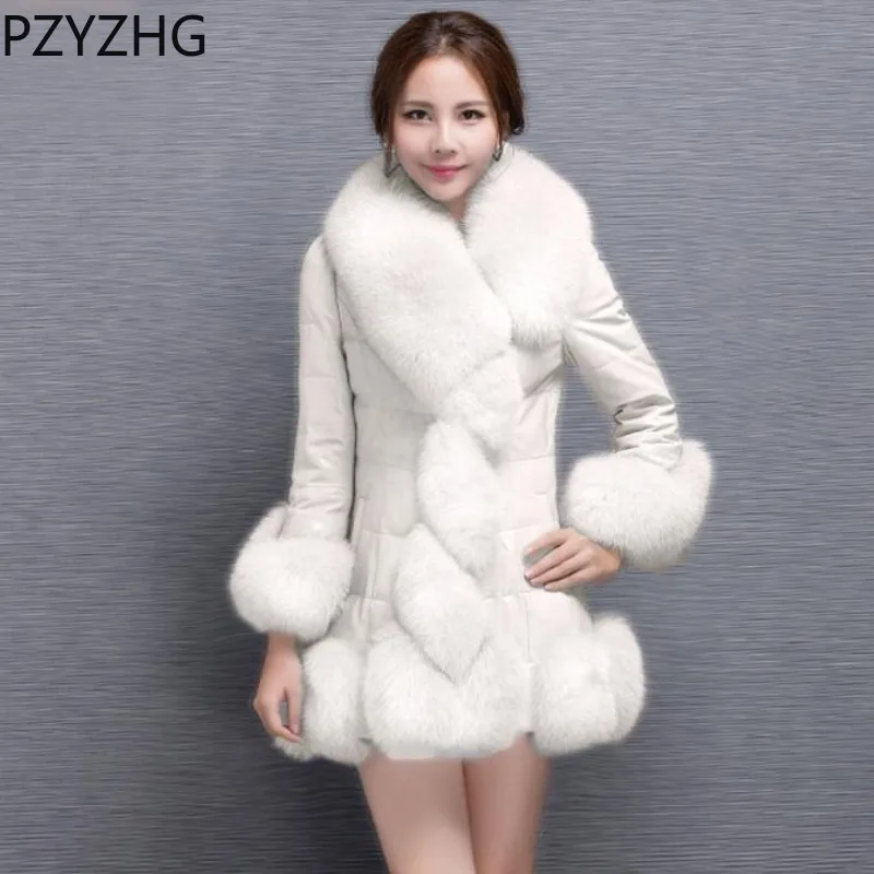 2023 Faux Fox Fur Collar  Leather Jacket Women Skirt Coat  White Goose Down Women Overcoat Winter coats for women fur Outwear