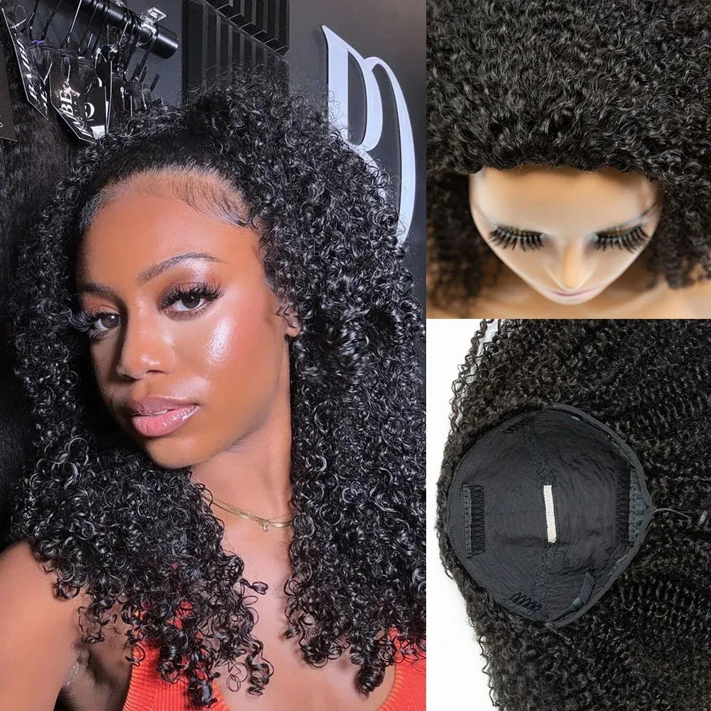 

3 in 1 Half Wigs Human Hair Afro Kinky Curly Flip Over Wig 220% Wear Go Glueless Wig With Drawstring Seamless Human Hair Pre Cut