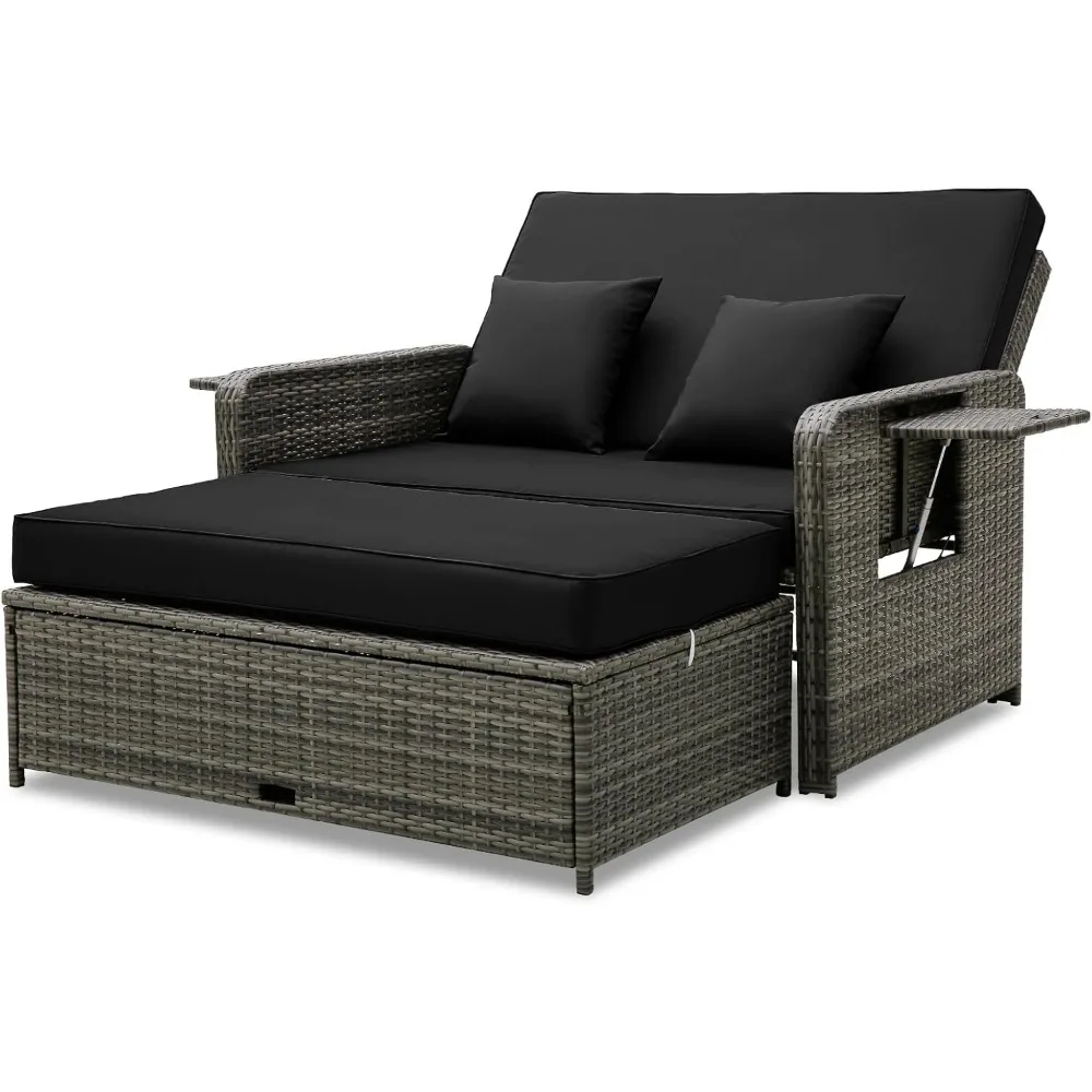 Terrace rattan sofa set, sofa with multifunctional and extendable side tray, 4-layer adjustable backrest, footstool with storage