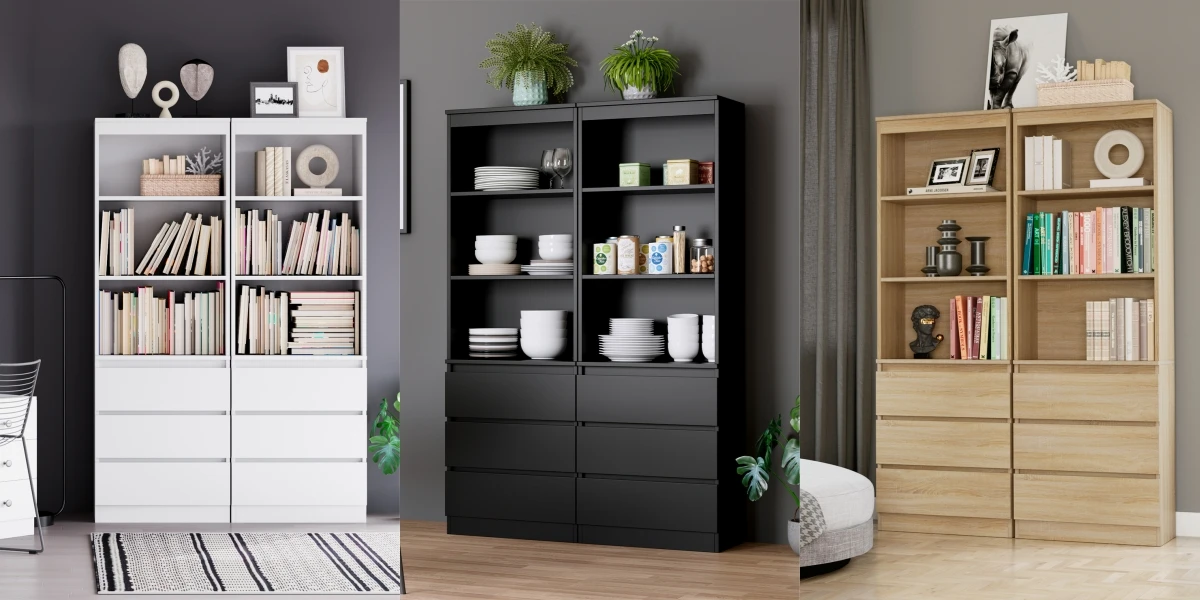 Getone Tall Bookcase, Living Room Bookshelf with 3 Drawers and 3 Shelves, Freestanding Storage Cupboard Display Cabinet 60x35x180cm White/Black/Oak