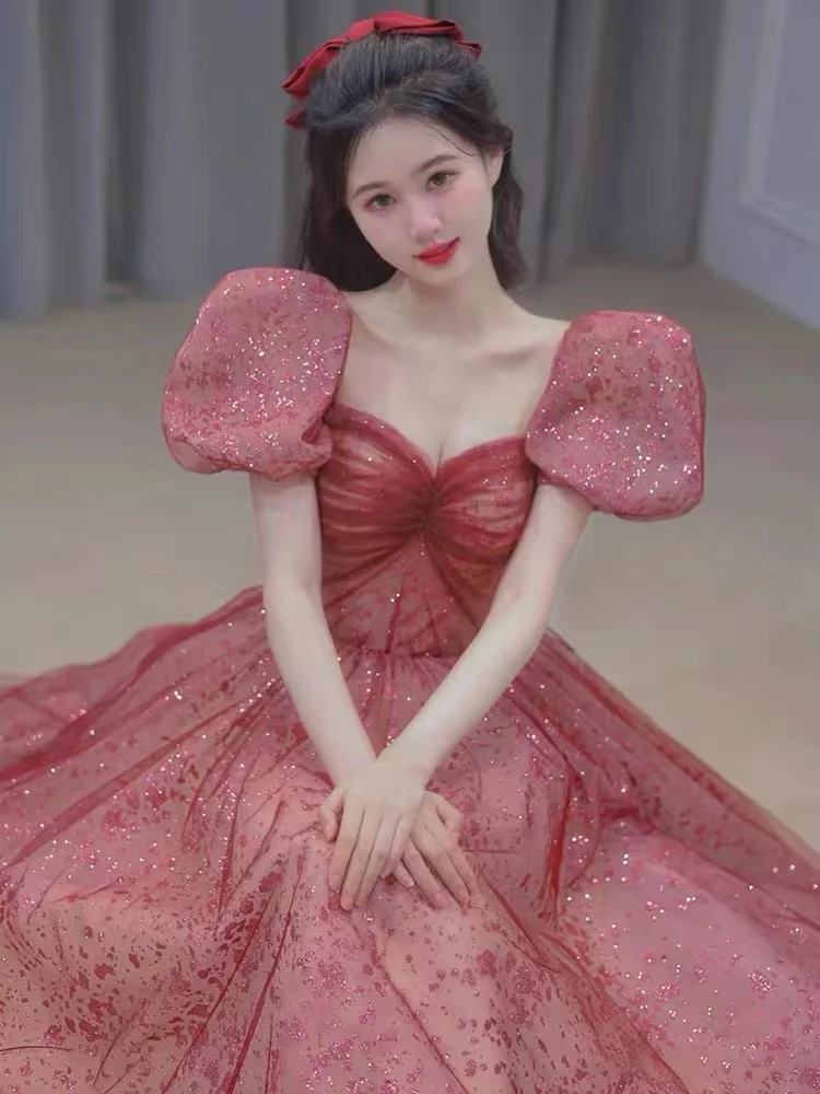 

Watermelon Red Prom Dress Elegant Lantern Sleeve Sweetheart A-line Slim Tulle Long Ceremony Formal Evening Gown Vestido De Festa