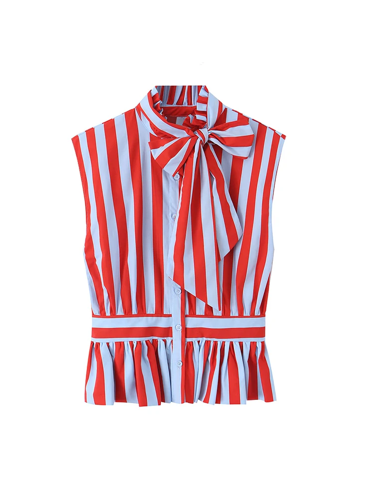 TFMLN New Women's Striped Bow Tie Neck Blouse Single Breasted Sleeveless Casual Shirt Summer Elegant Office Ladies Chic Tops