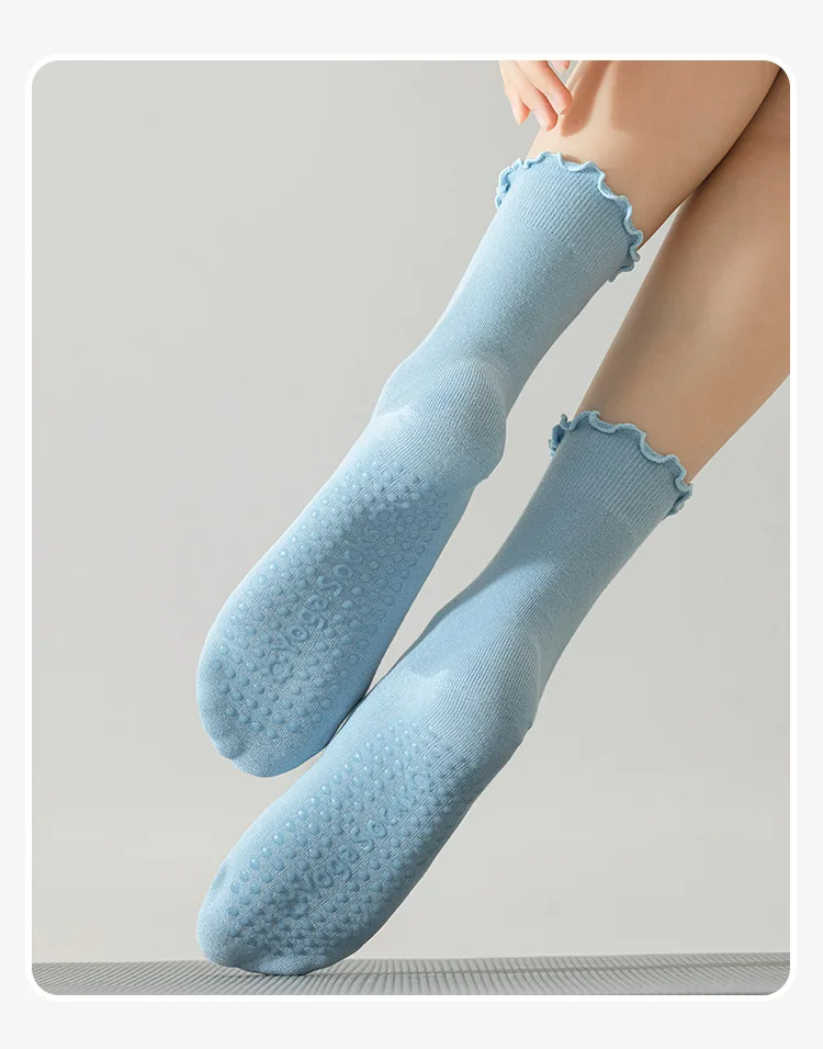 3 Paar Yoga-Socken für Damen, aus reiner Baumwolle, knöchelhoch, einfarbig, mit rutschfester Sohle, ideal für Pilates, mit Rüschen, atmungsaktiv, für Sport, Fitness und zum Tragen auf dem Boden. – Detail 20