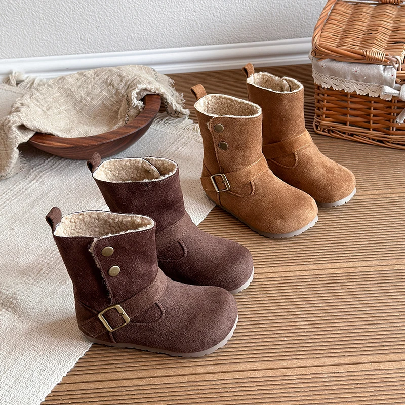 Toddler Kids Brown Suede Mid Calf Boots Double Metal Buckle Rivet Decor Chunky Non-Slip Sole for Autumn Winter DailyOutdoor Wear