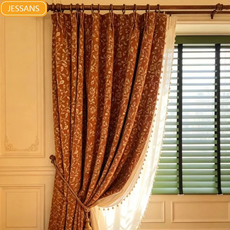 Caramel French Jacquard Thickened Chenille Curtains for Living Room Bedroom Partition Curtains Customized Finished Products