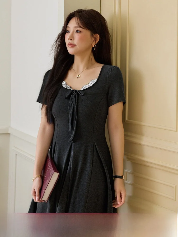 

Повседневное женское платье больших размеров из полиэфирного волокна с кружевом, квадратным вырезом и лоскутной юбкой, силуэт А-силуэт