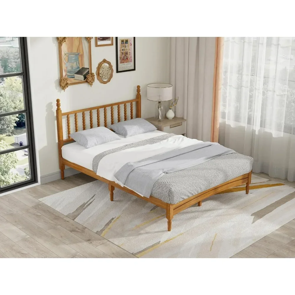 bed.Wood Bed Frame with Spindle Headboard,Solid Rubber Wood Foundation with Wood Central Supports,1000 Lb Capacity,Easy Assembly