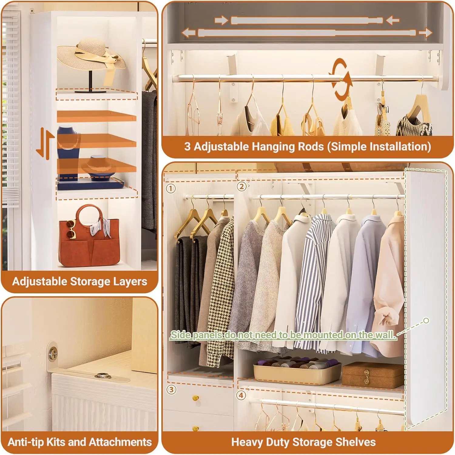 Closet System Com Gavetas, Closet Organizer System, montagem na parede reversível, 2 Hanging Prateleiras, 5ft, 60"