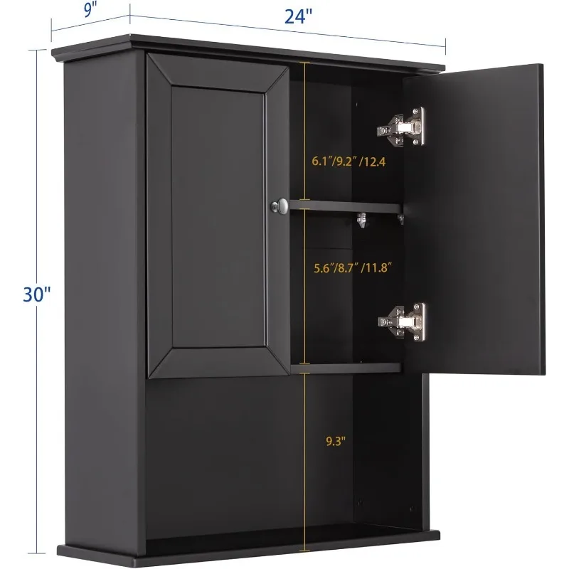 Black Wall Cabinet 24x30 Inch Wooden Over The Toilet Storage Cabinets with 2 Doors, Above Toilet Storage Medicine Cabinets