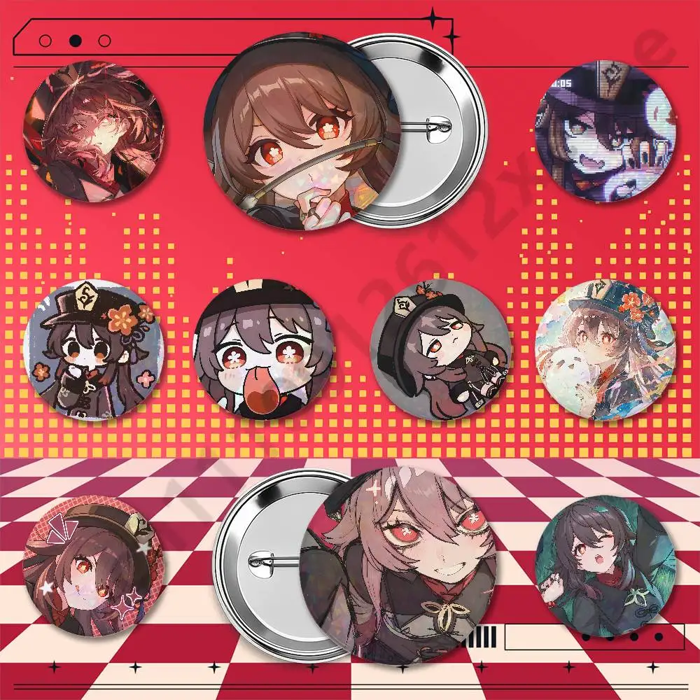Genshin Impact Hu Tao Anime Holographic Badge Brooch Pins 25/32/44/58/75mm Round Game Cosplay Backpack Bag Decor Fan Merchandise