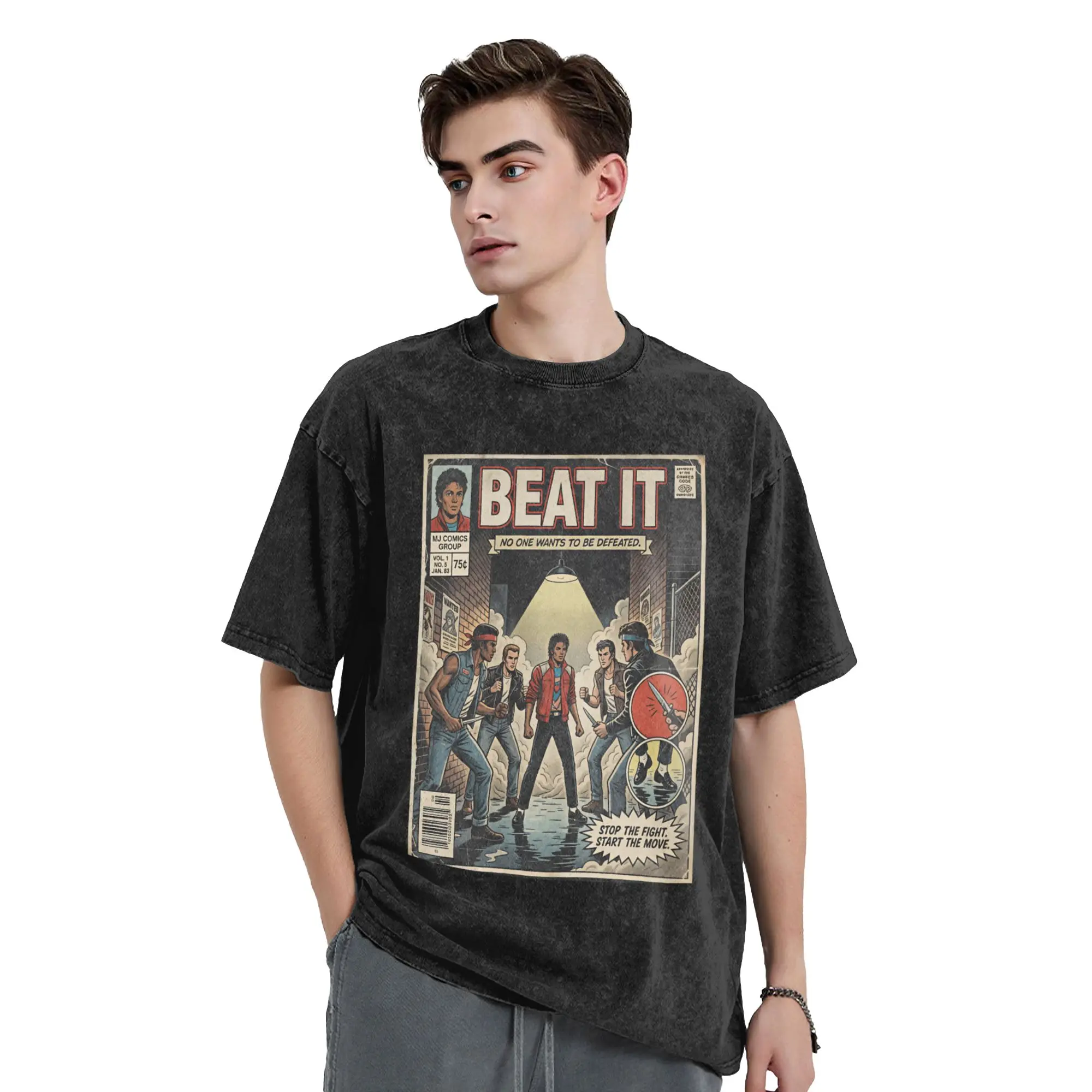 Men Women T Shirt Mj Beat It Comic Washed T Shirts Leisure  Summer Tees Streetwear Printed Cotton Tops New Arrival