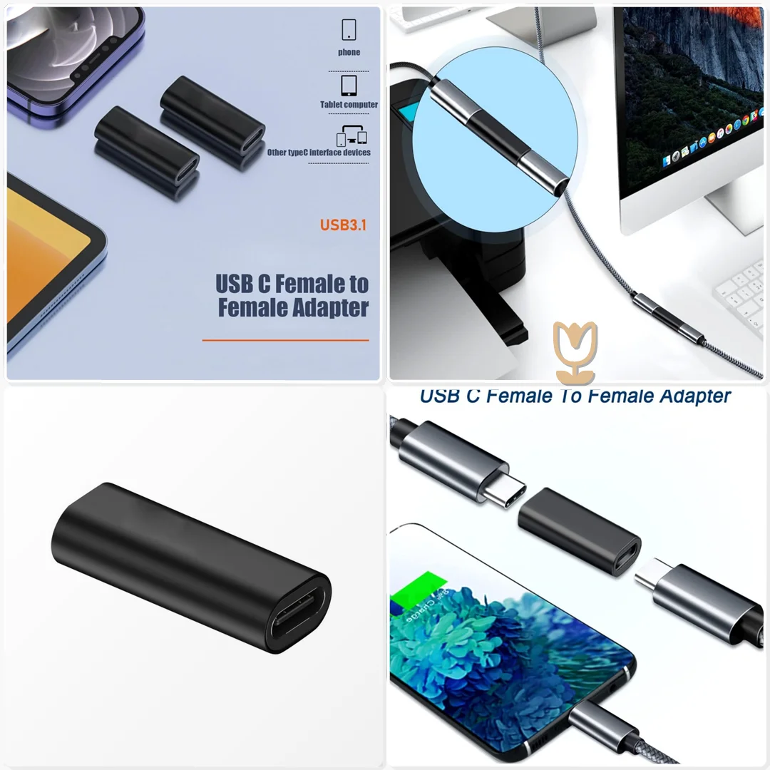 2 Pack Type C Female to Female Adapter USB C Extender Coupler Fast Charging Power Bank Extra Port Charge