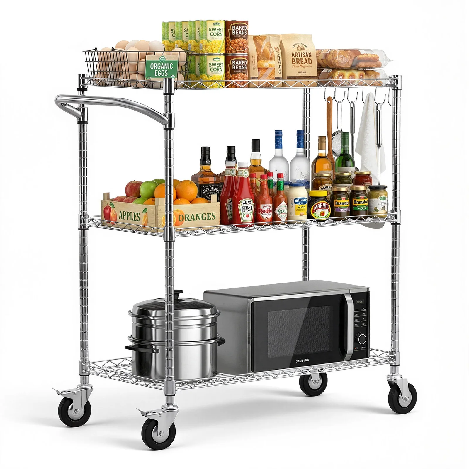 

SucceBuy Kitchen Utility Cart 3 Tier Steel Rolling Service Trolley on Wheels Work Table with Handle Bar for Garage Laundry Room