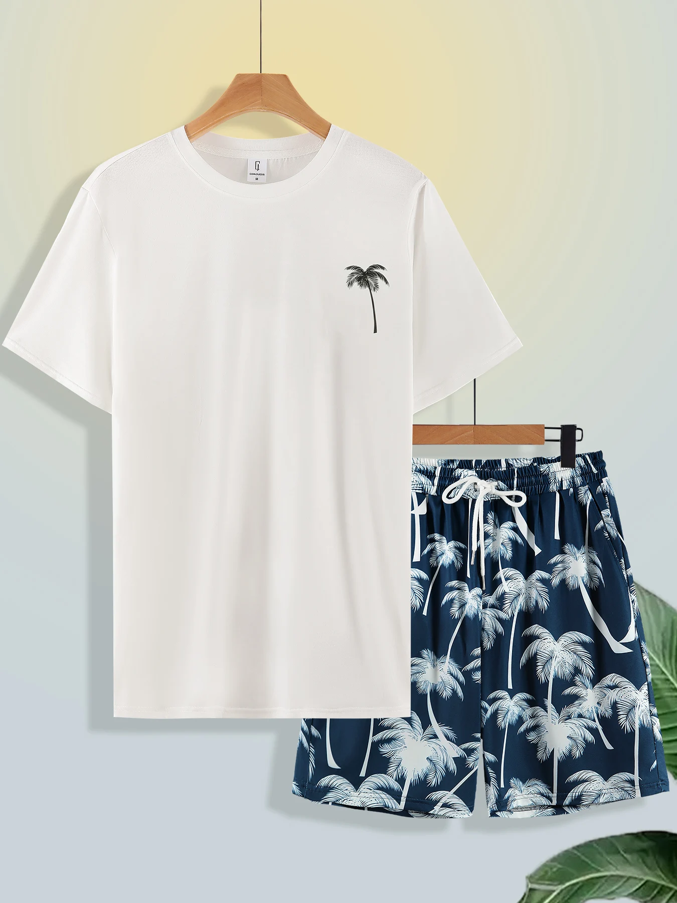 

Men's Casual Coconut Tree Print T-Shirt & Shorts 2-Piece Set, Loose All-Match Vacation Summer Outfit