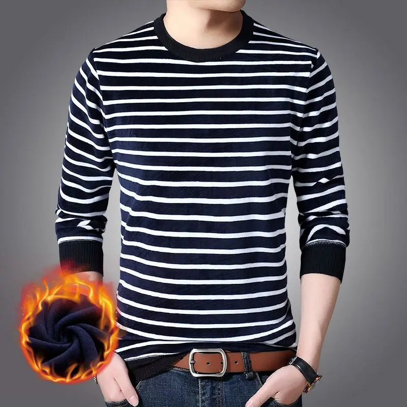 

Men's Autumn Winter Round Neck Solid Flocking Screw Thread Striped Long Sleeve Sweater Knitted Undershirt Casual Loose Tops