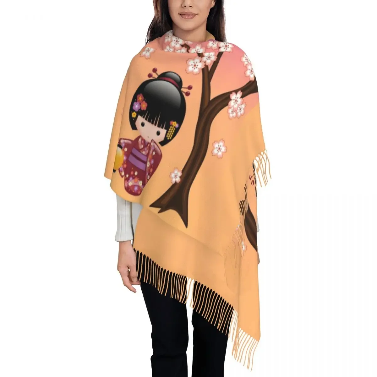 Womens Scarf Warm Soft Sakura Kokeshi Doll Cute Headwear Scarves with Long Tassel Japan Geisha Girl Shawl Wraps Autumn Bandana