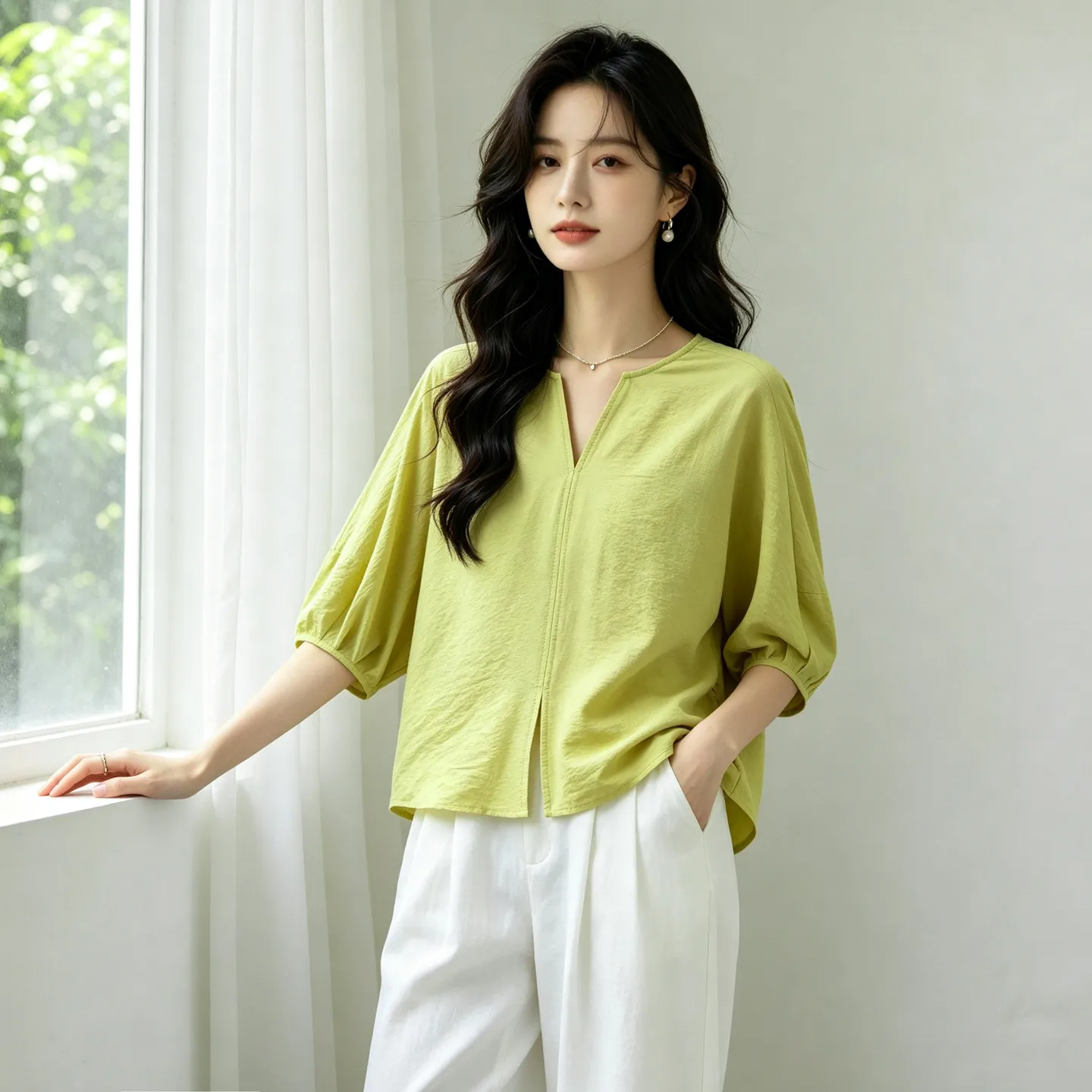 Winsleter-78%Dry Silk 22%Nylon Elegant T-Shirt, V Neck Lantern Sleeve, Women Simplicity Commute Loose Top, 2026 Autumn T68103CC