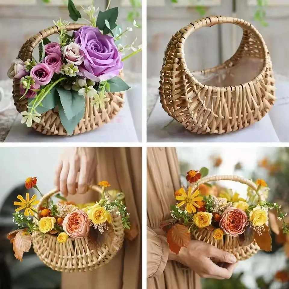 Willow Rattan Flower Girl Baskets Yellow Sturdy Flower Arrangement Basket Picnic Container Handmade Wicker Half Moon Baskets view 2