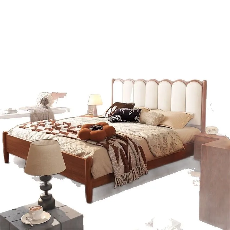

Retro solid wood bed antique soft bag homestay simple master bedroom