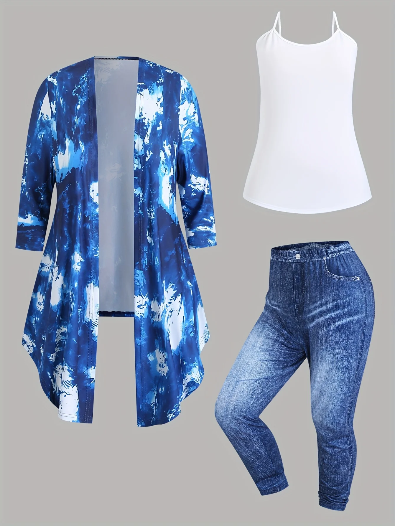 

Casual Fashion plus Size Women's Dyed Open Cardigan Solid Color Tank Top And Denim Colored Tight Pants 3-Piece Set
