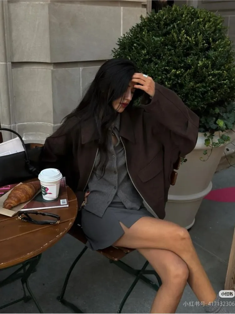 HipSeam Women Jackets with Patch Pockets Fashion Women's Jacket Coat Vintage Long Sleeve Front Zipper Female Outerwear Chic Tops