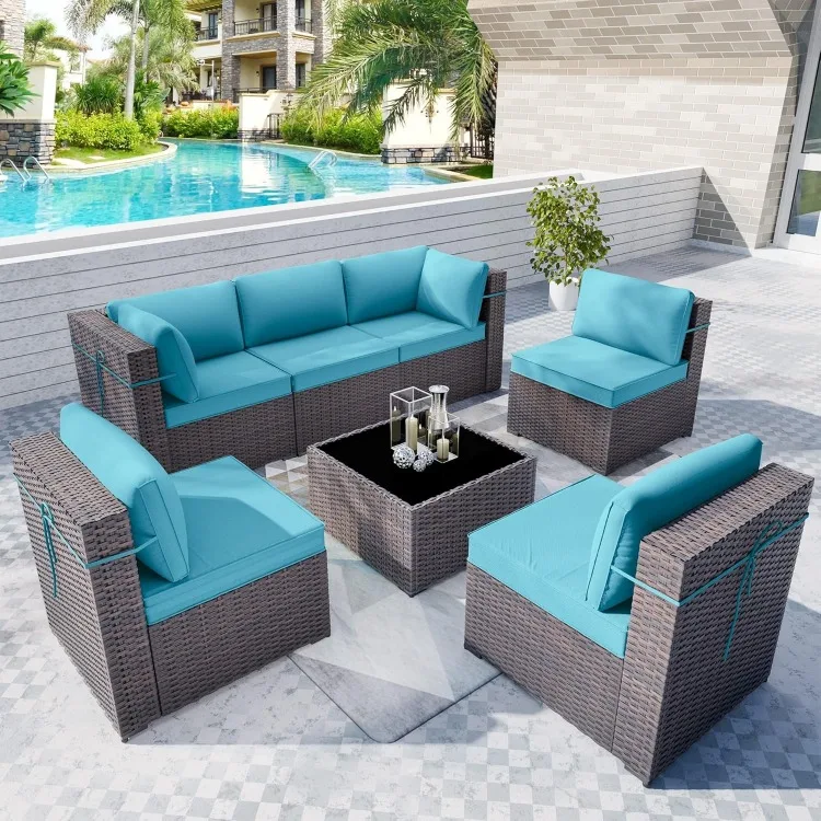 7 Pieces Outdoor Patio Sets, Modern PE Wicker Furniture Patio Set, Conversation Sofa Sets with 6 Chairs, Coffee Table, Cushion