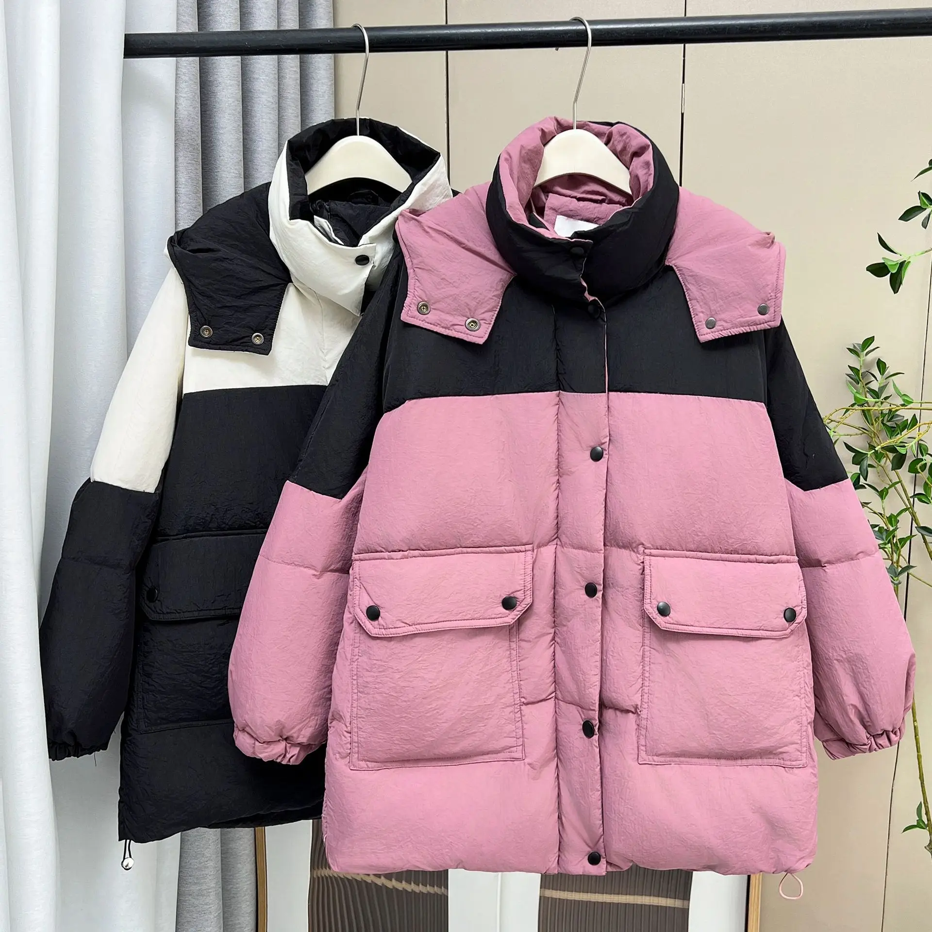 Plus Size Women Down Coat Winter Loose Thicken Block Color Hooded 50% White Duck Down Jacket 2783